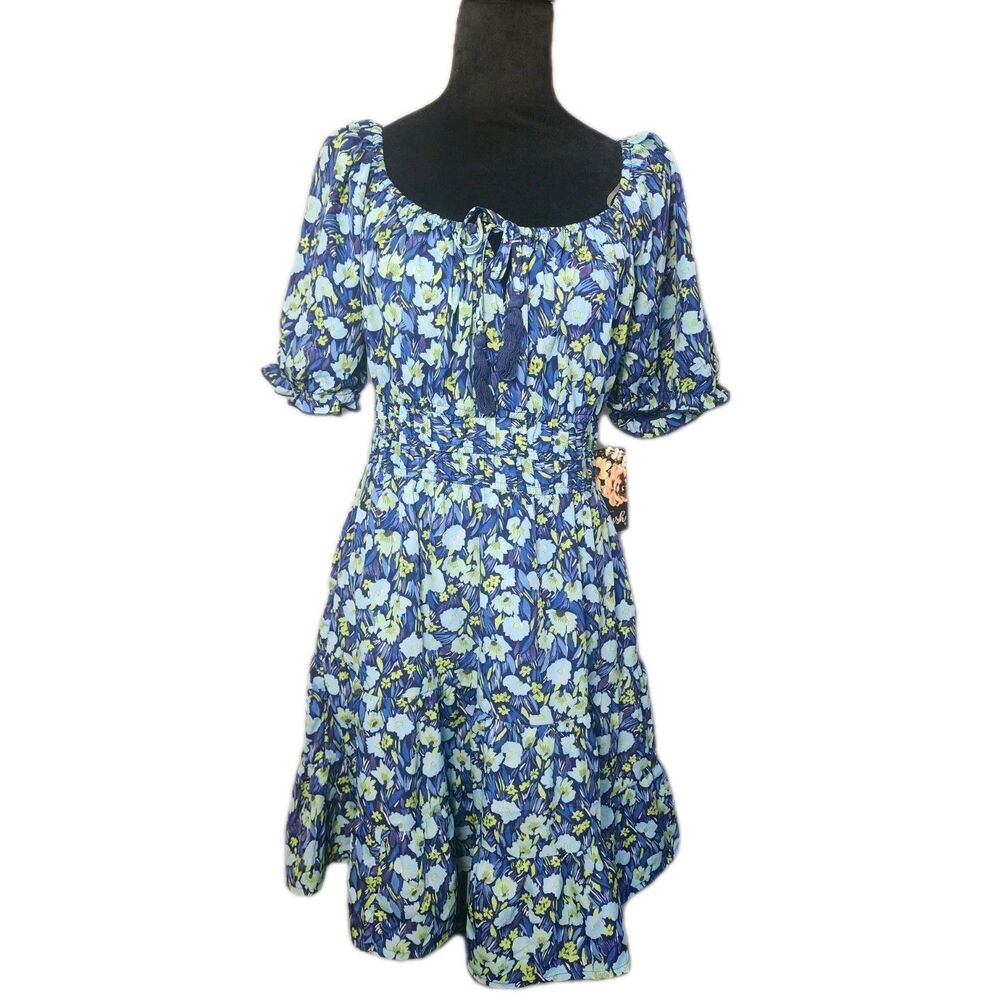 Hint Of Blush Sundress Womens L Blue Floral Puff Sleeve Ruffle Romantic Summer